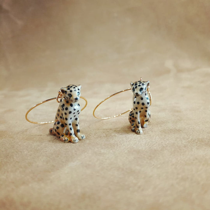 Sitting Cheetah porcelaine gold hoop earrings by And Mary - The Hirst Collection