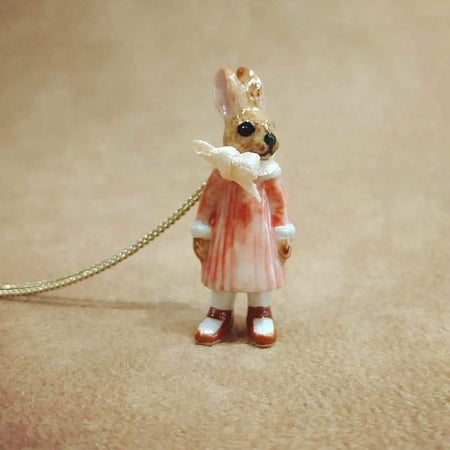 Bunny Girl in a Pink Dress Brown Rabbit Pendant by And Mary - The Hirst Collection