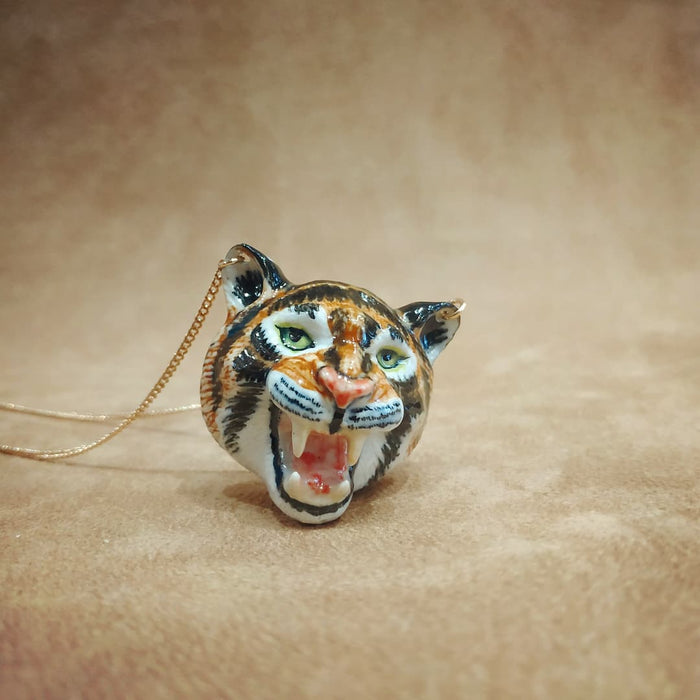 Large Roaring Tiger necklace by And Mary in porcelaine - The Hirst Collection