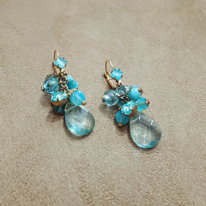 Askew London Blue Turquoise Dangling Charm Drop Earrings Gold Plated Vintage Glass Crystal
