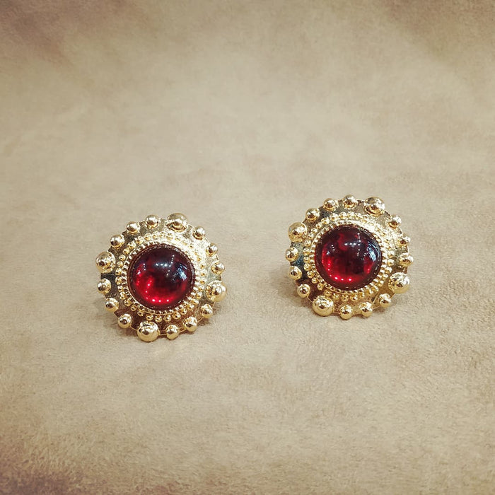 Large red and gold vintage glass clip on earrings beaded dot trim