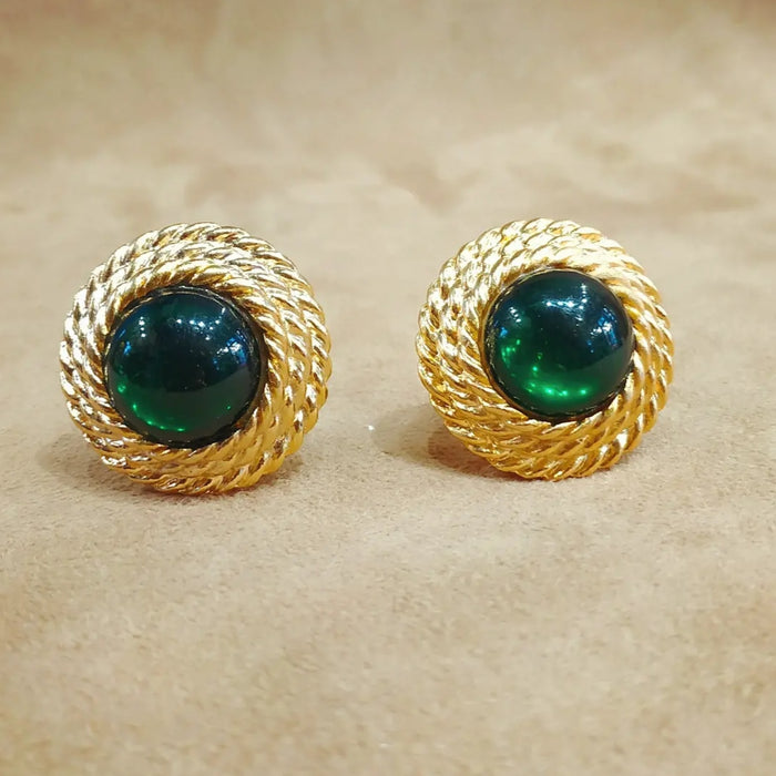 green and gold vintage glass clip on earrings with rope trim