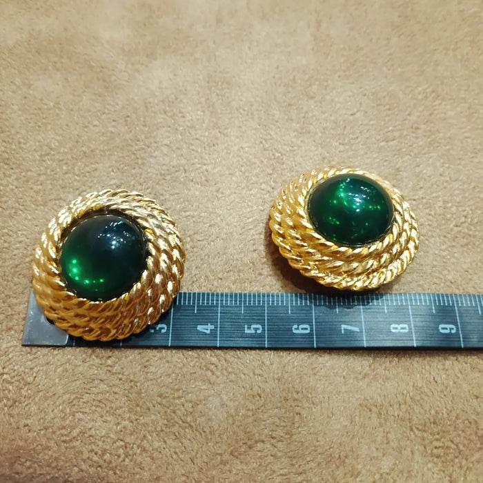 green and gold vintage glass clip on earrings with rope trim