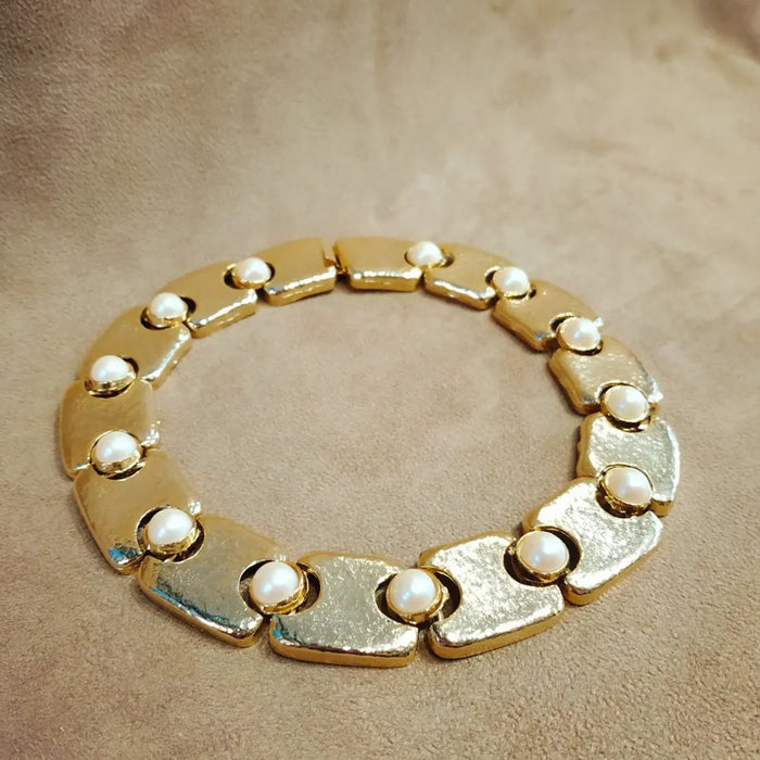 Statement Flat Gold Pearl Necklace