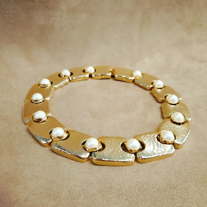 Statement Flat Gold Pearl Necklace