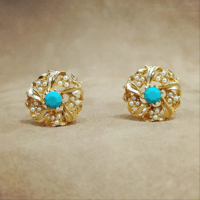 Vintage turquoise pearl floral swirly clip on earrings