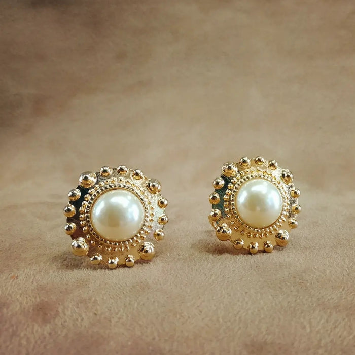 Vintage Gold Round Pearl Earrings Clip On