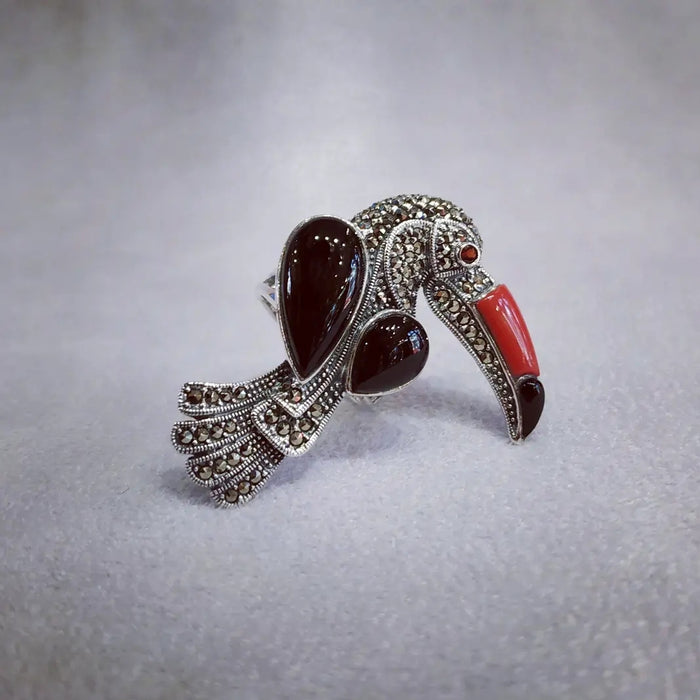 Toucan Silver Marcasite Cornelian Black Onyx Ring