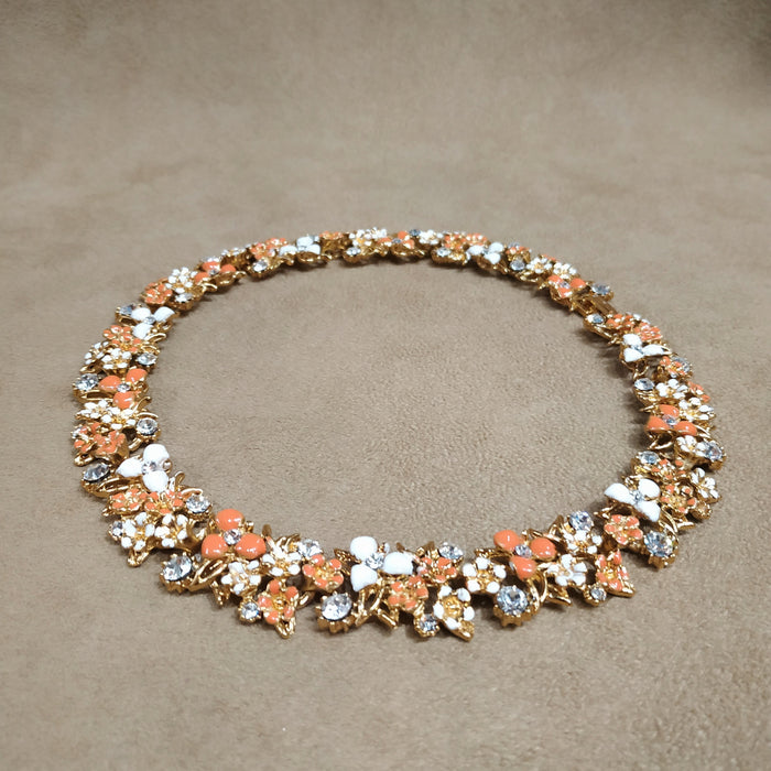 Coral and White floral enamel necklace