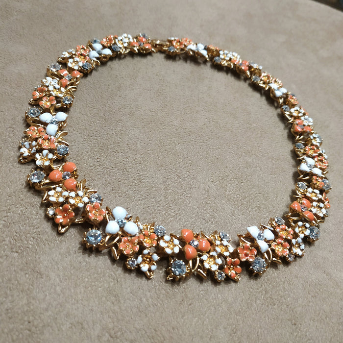 Coral and White floral enamel necklace