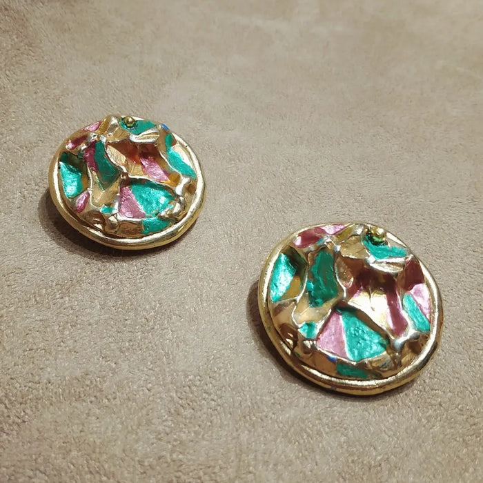 Jacky De G Chunky Vintage Gold Multi coloured Round Earrings