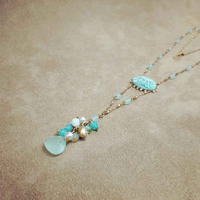 Askew London Turquoise Crystal Pearl Necklace Gold Signed