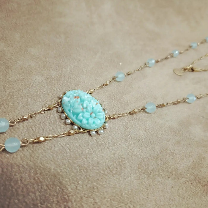 Askew London Turquoise Crystal Pearl Necklace Gold Signed