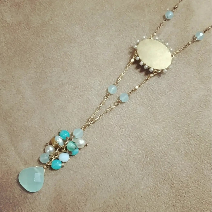 Askew London Turquoise Crystal Pearl Necklace Gold Signed