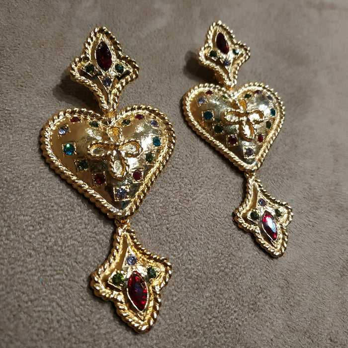 Statement Fleur De Lis Gold Heart Drop Earrings