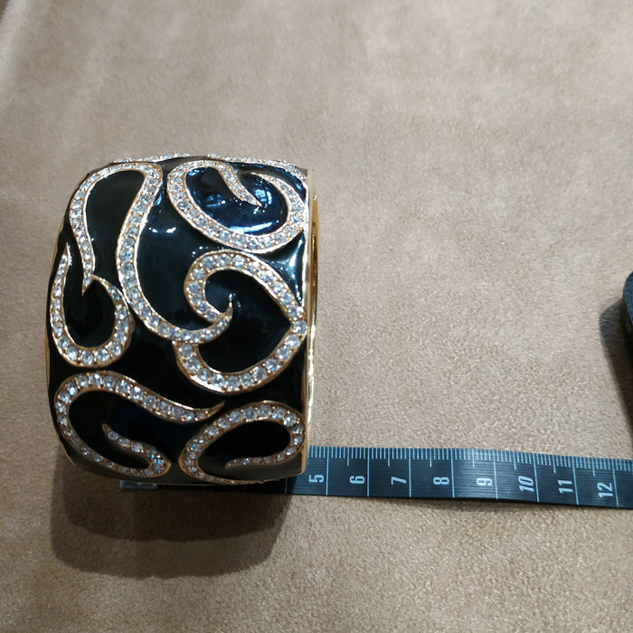 Vintage Ciner Bangle Bracelet with Black Enamel and Clear crystals