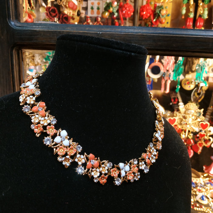 Coral and White floral enamel necklace