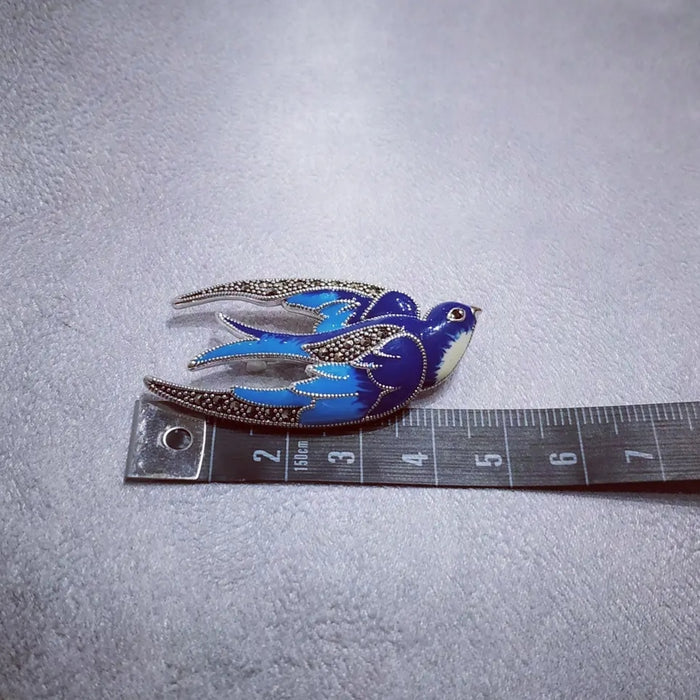 Blue enamel Bird Brooch silver Marcasite enamel