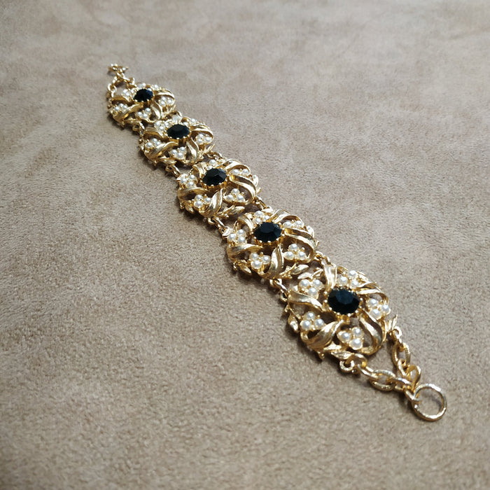 Pearl Black Floral Swirl Gold Vintage Bracelet