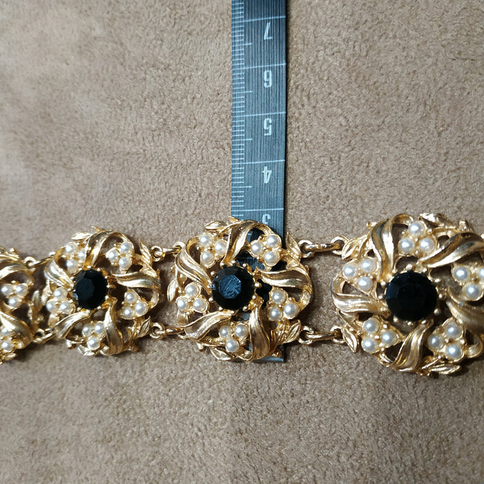 Pearl Black Floral Swirl Gold Vintage Bracelet