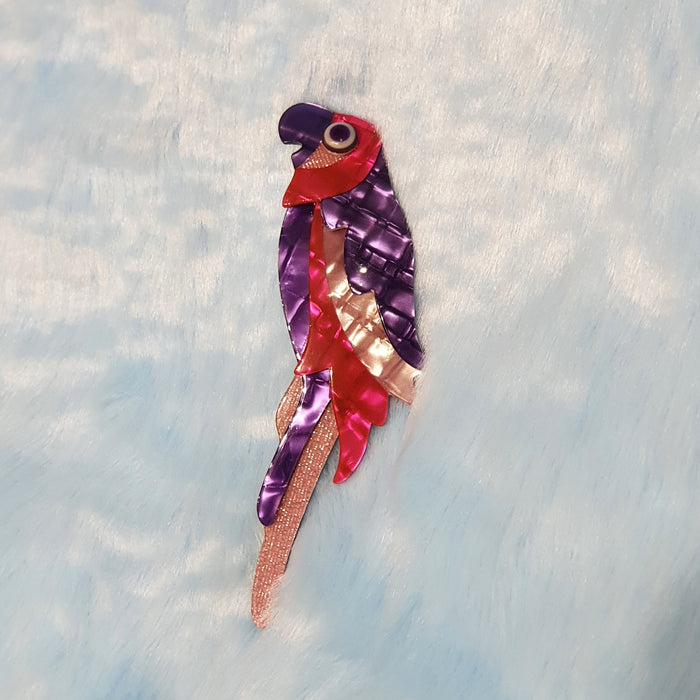 Lea Stein Pink Purple Parrot Brooch Glitter