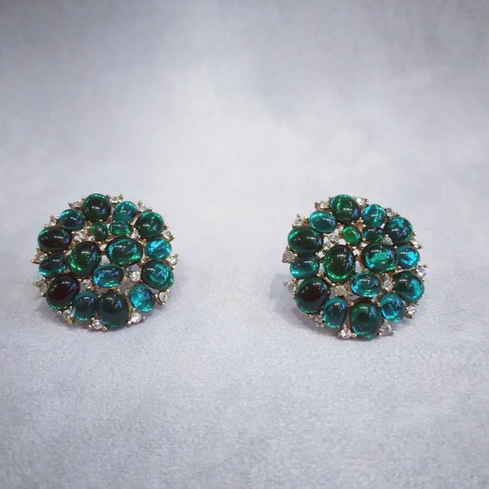 Trifari Vintage Emerald Green glass cabochon cluster clip on earrings