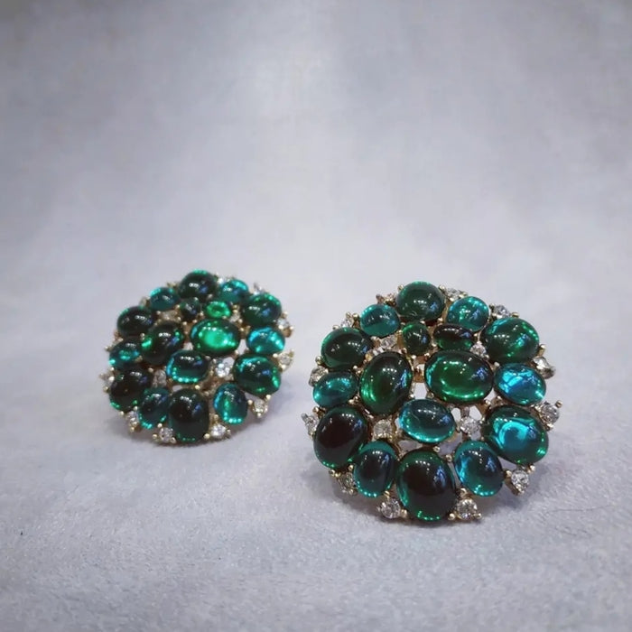 Trifari Vintage Emerald Green glass cabochon cluster clip on earrings