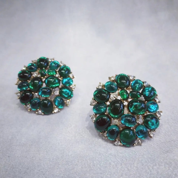 Trifari Vintage Emerald Green glass cabochon cluster clip on earrings