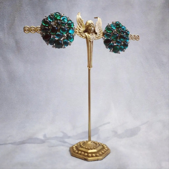 Trifari Vintage Emerald Green glass cabochon cluster clip on earrings