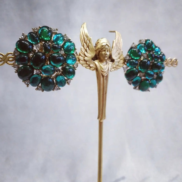 Trifari Vintage Emerald Green glass cabochon cluster clip on earrings