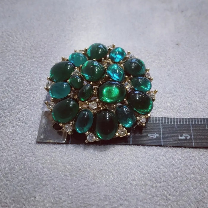 Trifari Vintage Emerald Green glass cabochon cluster clip on earrings