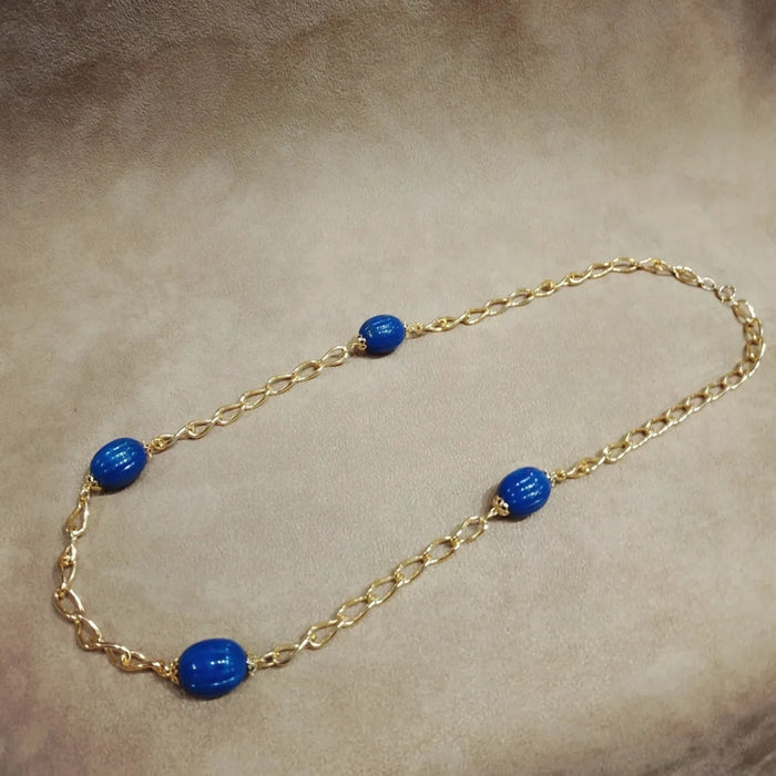 Vintage Blue Scallop beads Long Gold Chain Necklace