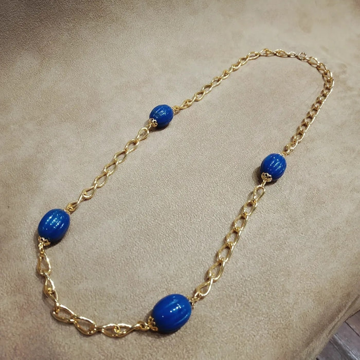 Vintage Blue Scallop beads Long Gold Chain Necklace