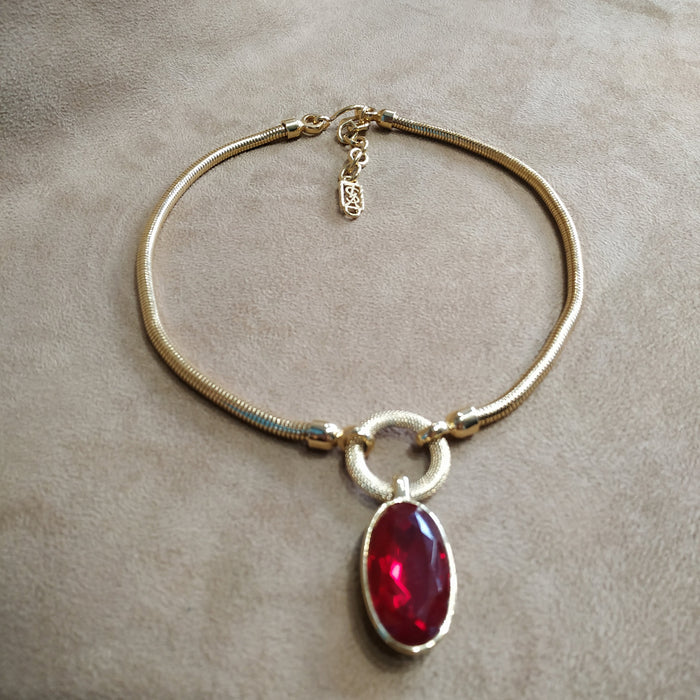 YSL vintage Gold Red Glass Yves Saint Laurent link Necklace