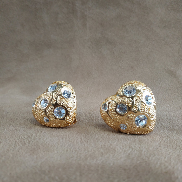 Vintage Gold Heart Crystal Clip on Earrings