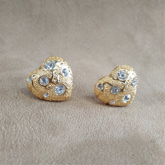 Vintage Gold Heart Crystal Clip on Earrings