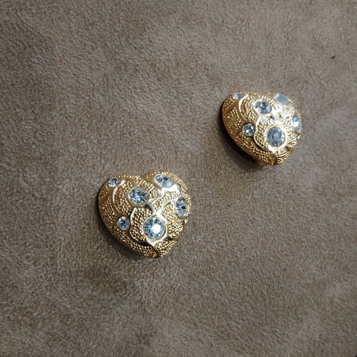 Vintage Gold Heart Crystal Clip on Earrings