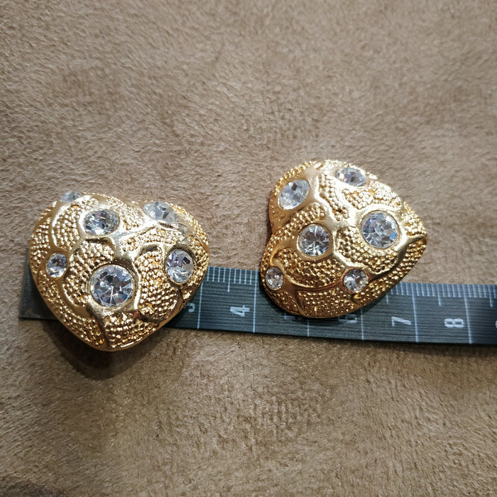 Vintage Gold Heart Crystal Clip on Earrings