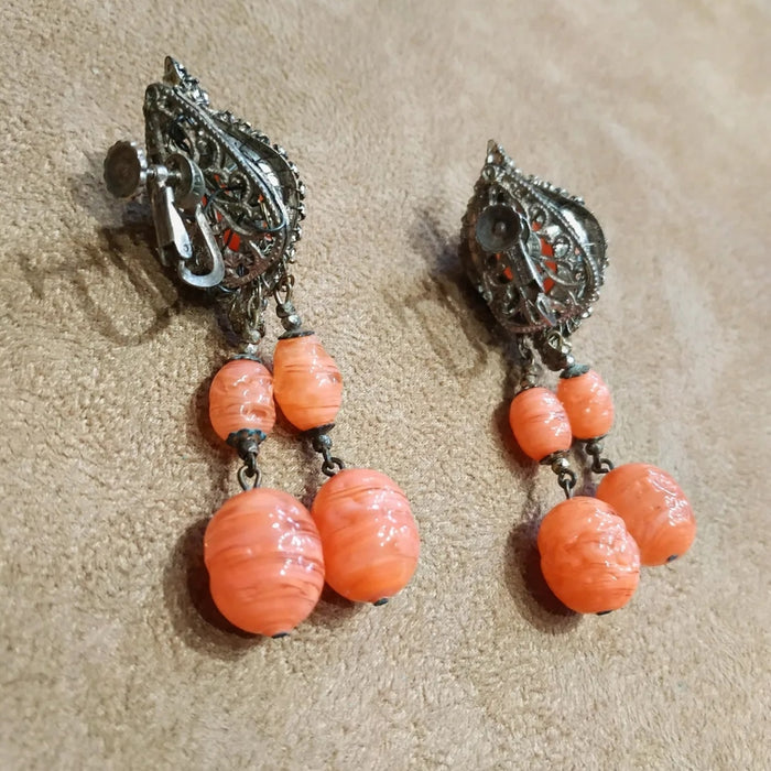 Miriam Haskell Coral Glass Drop Earrings