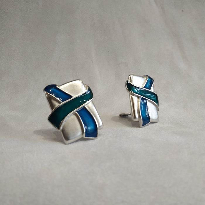 Vintage Yves Saint Laurent Rectangular Silver Blue and Green Clip On Earrings