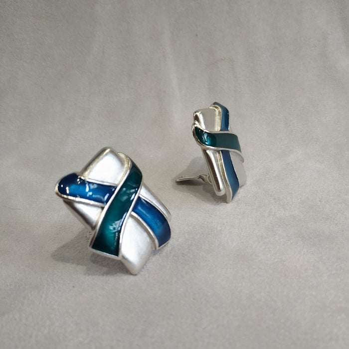 Vintage Yves Saint Laurent Rectangular Silver Blue and Green Clip On Earrings