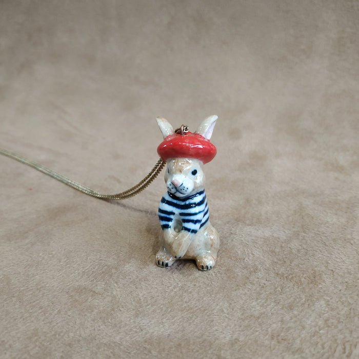 French Bunny in a Beret Brown Rabbit Pendant by And Mary