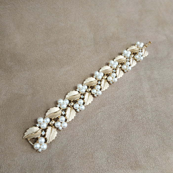 Trifari Pearl Bracelet  with Golden Leaves