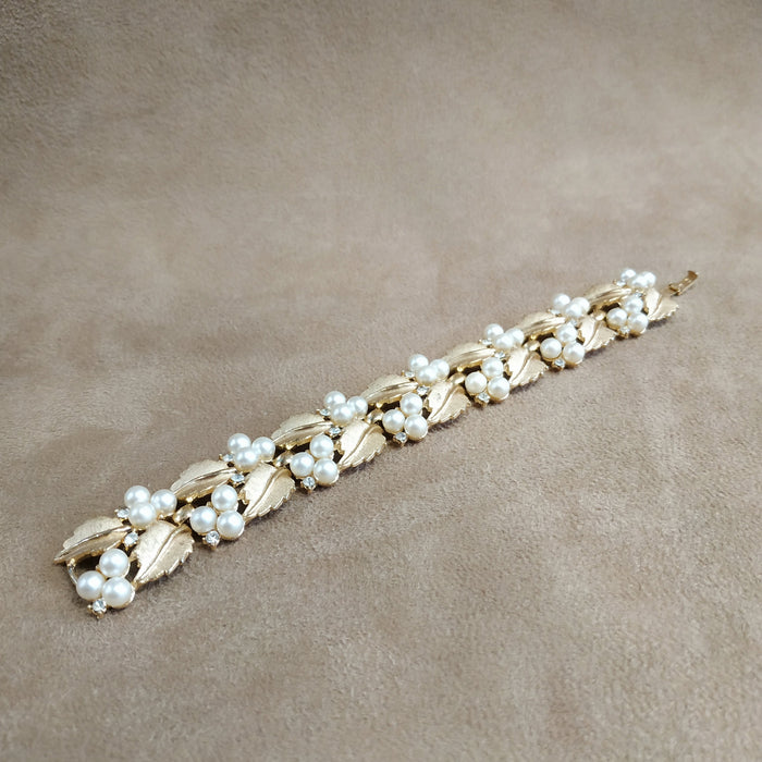 Trifari Pearl Bracelet  with Golden Leaves