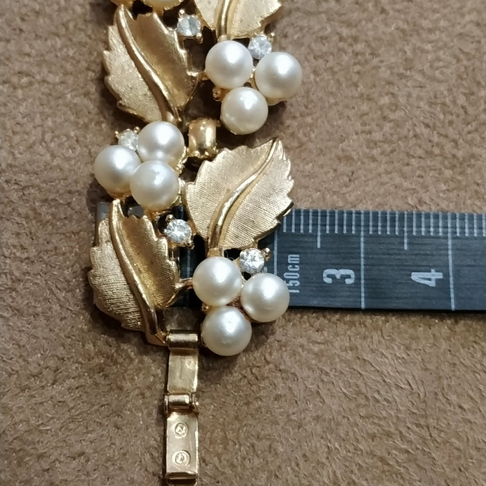 Trifari Pearl Bracelet  with Golden Leaves