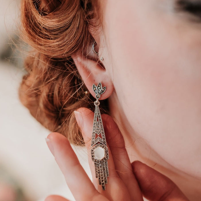 Art Deco Earrings Mother of Pearl Vintage Bride Wedding Silver Marcasite