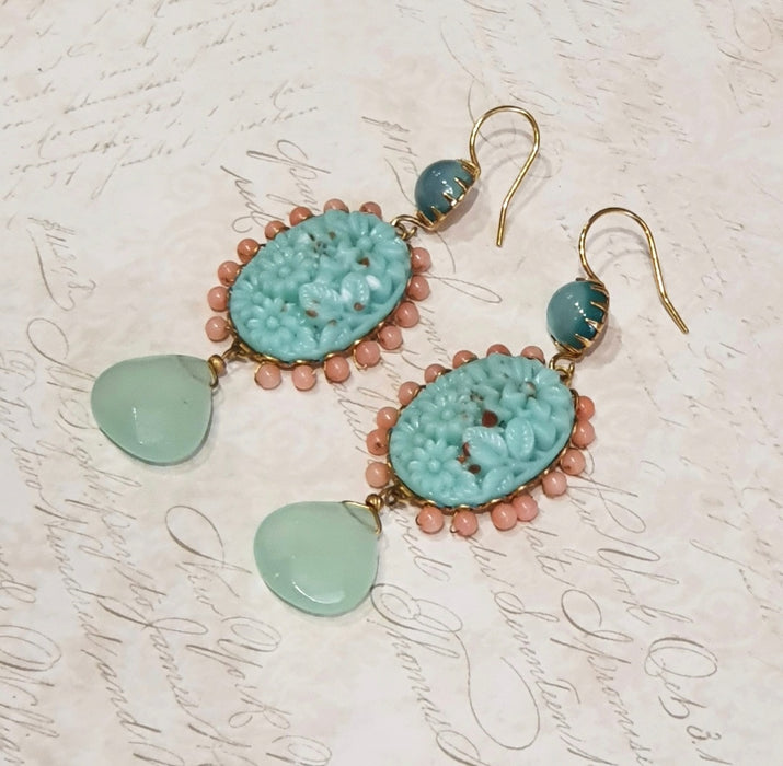 Askew Coral Turquoise Blue Drop Earrings Gold Plated