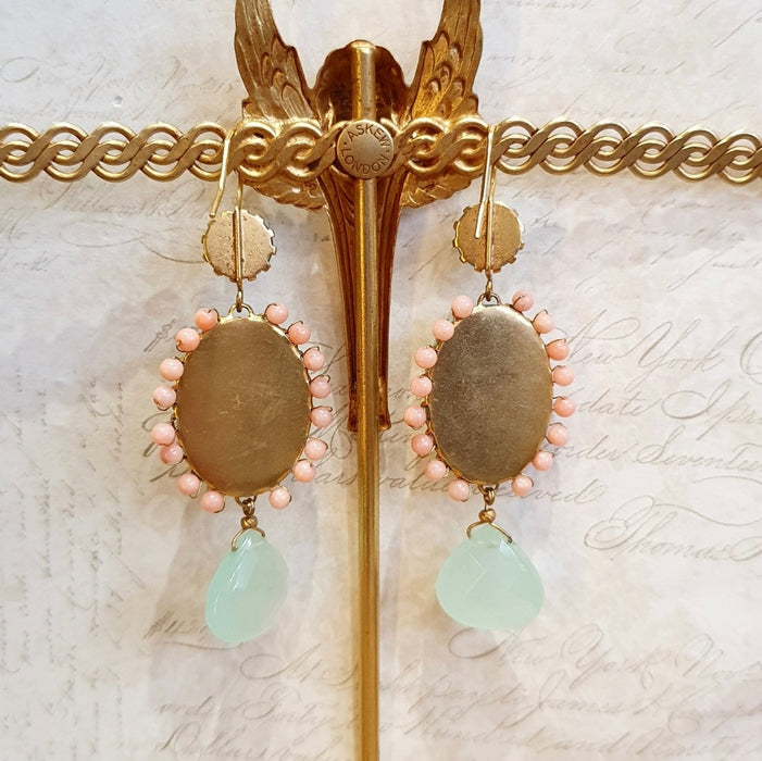 Askew Coral Turquoise Blue Drop Earrings Gold Plated