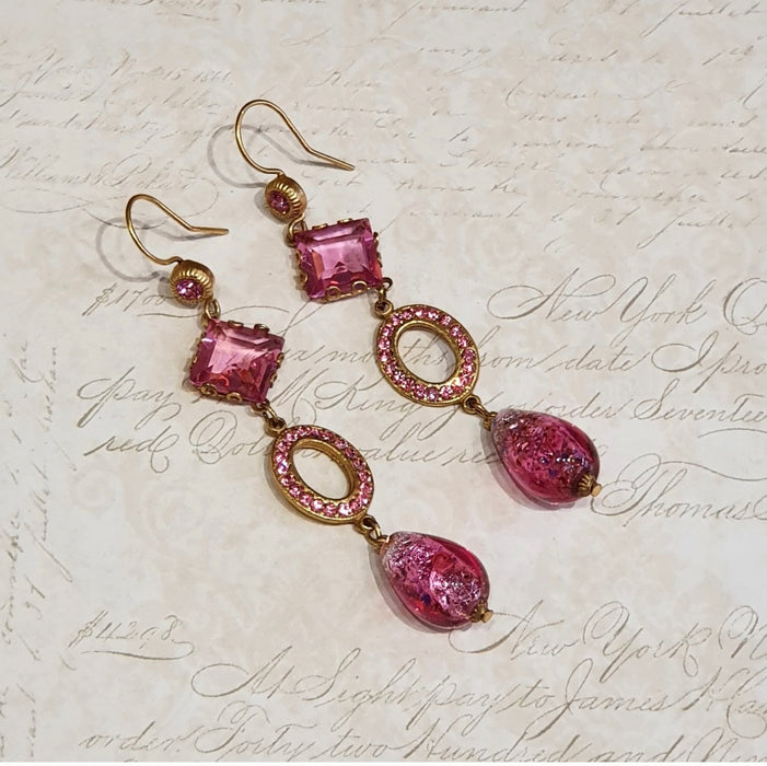 Askew London Pink Glass Drop Earrings Crystal Stone Gold Plated