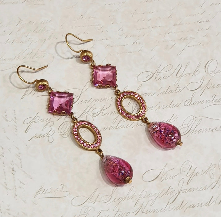 Askew London Pink Glass Drop Earrings Crystal Stone Gold Plated